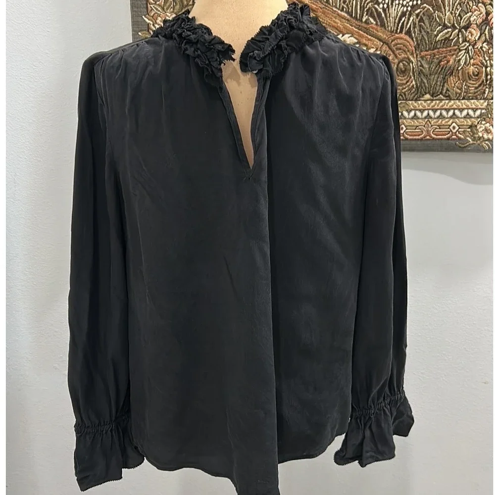 J. Crew Silk Ruffle Neck Long Sleeve‎ Black Blouse Top S-M